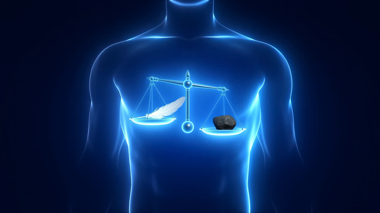 Torso luminoso con bilancia, piuma su un piatto, pietra sul piatto opposto, anatomia olografica blu neon