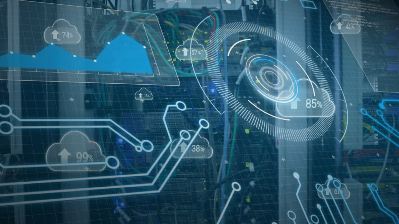 animación del procesamiento de datos en la sala de servidores
