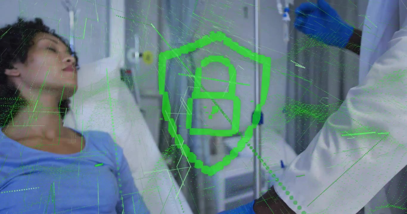 Doctor colocando oxímetro de pulso en el dedo del paciente, activando escudo de datos de salud, ajustando vía intravenosa