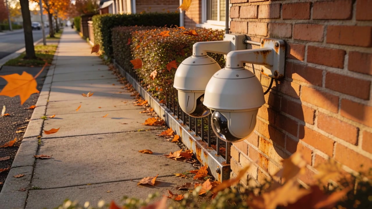 Two white dome cams monitoring home, wind sending leaves drifting past sidewalk, copy space