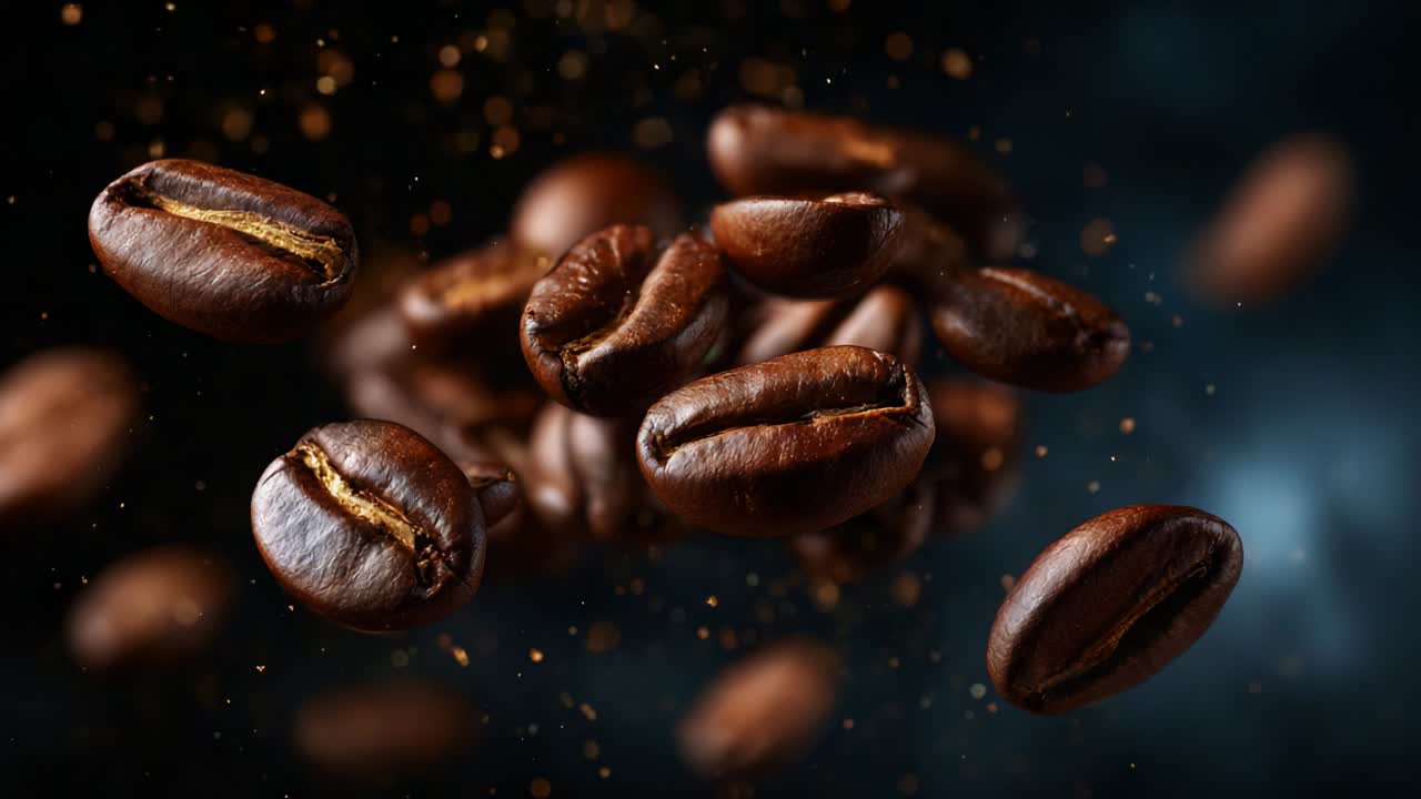 A Captivating Close-Up of Roasted Coffee Beans Suspended in Mid-Air, Showcasing Their Rich Brown Color, Shiny Surfaces, and the Magical Light Reflections Against a Dark, Ethereal Background