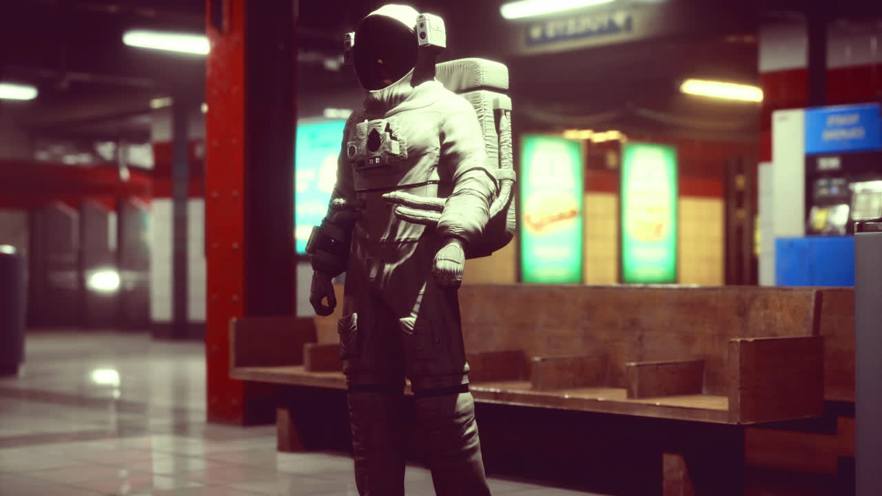 Astronaut exploring a subway station in a futuristic city environment