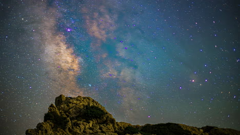 starry night sky over rocky mountains, milky way timelapse