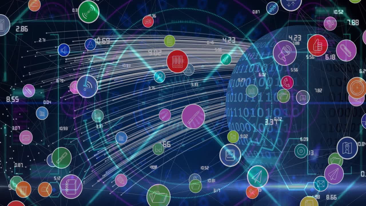 전 세계 연결, 아이콘 및 데이터 처리 네트워크의 애니메이션