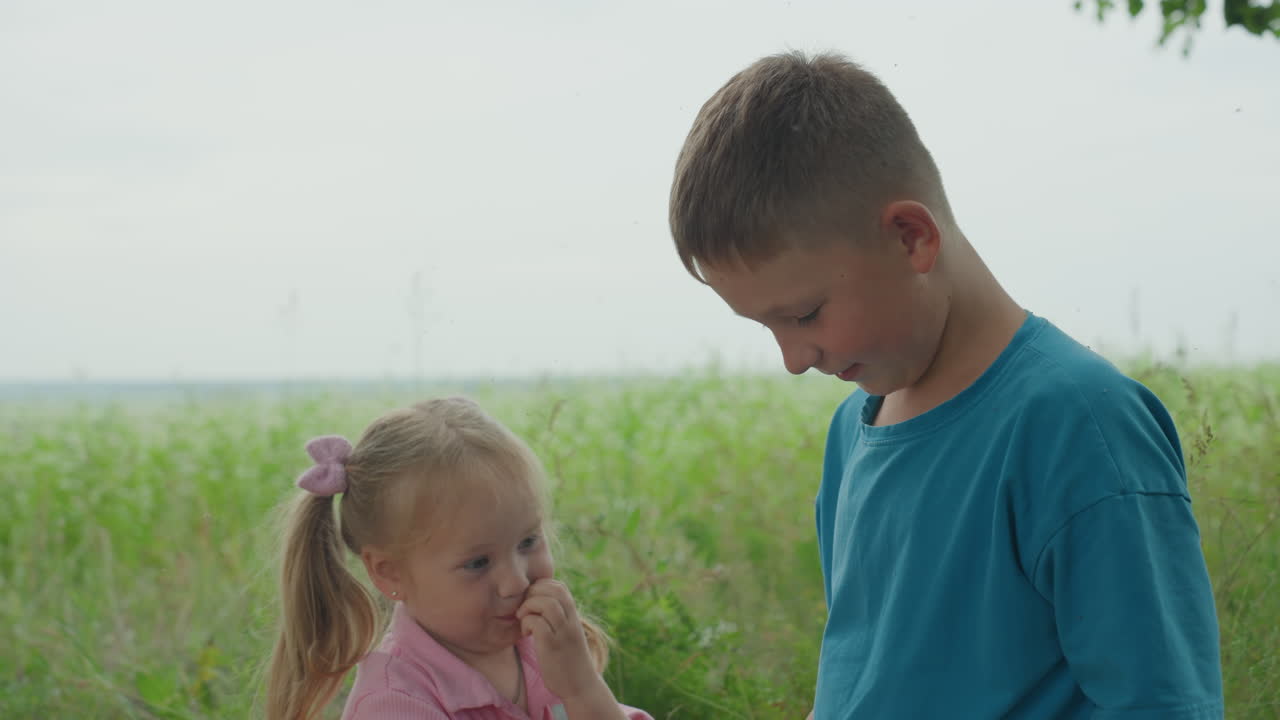 흰 피부의 남자아이와 어린 여자아이가 포옹하고, 탁 트인 초원에서 따뜻하게 미소 지으며 애정 어린 눈빛을 주고받고, 오빠와 여동생이 눈을 맞추고 부드럽게 웃으며, 평온한 시골 풍경이 배경으로 펼쳐져요.