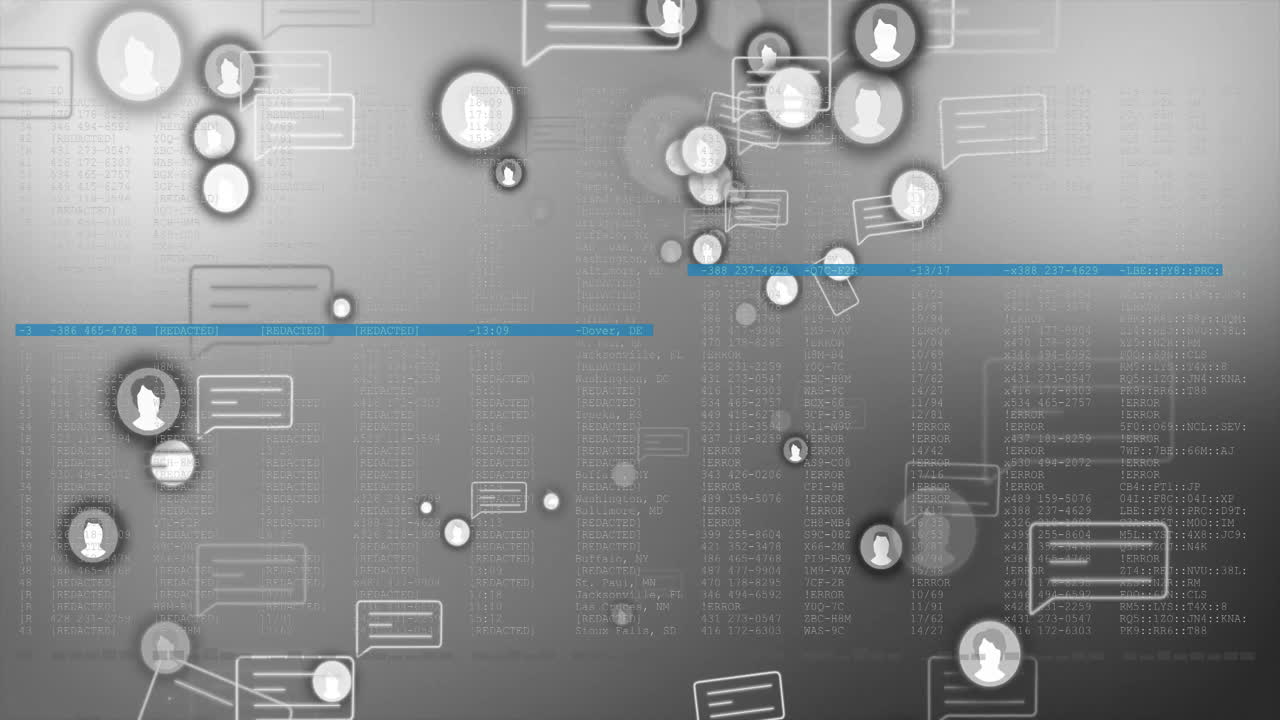burbujas de chat y animación de iconos de usuario sobre datos digitales y fondo de código