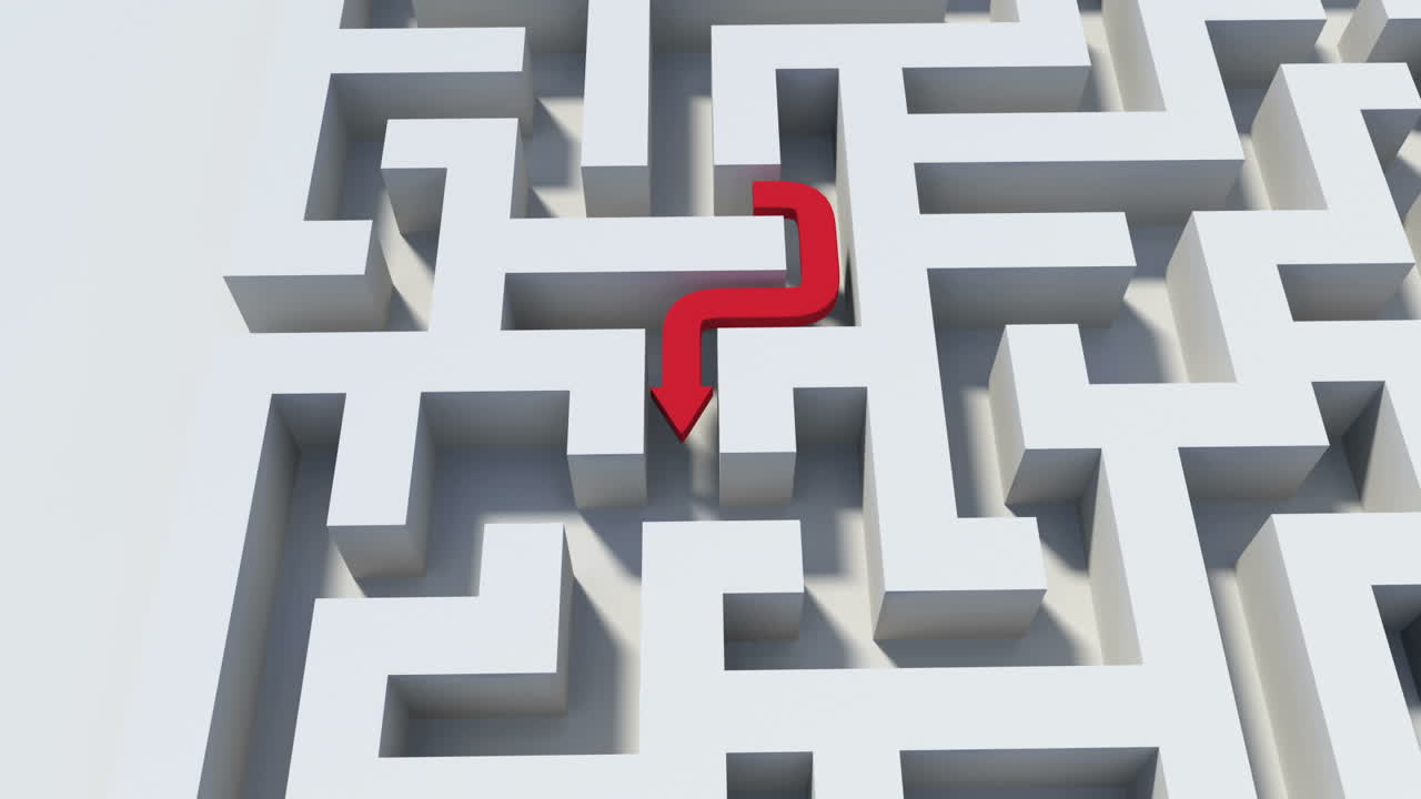 vista de arriba hacia abajo de una línea roja que atraviesa un laberinto