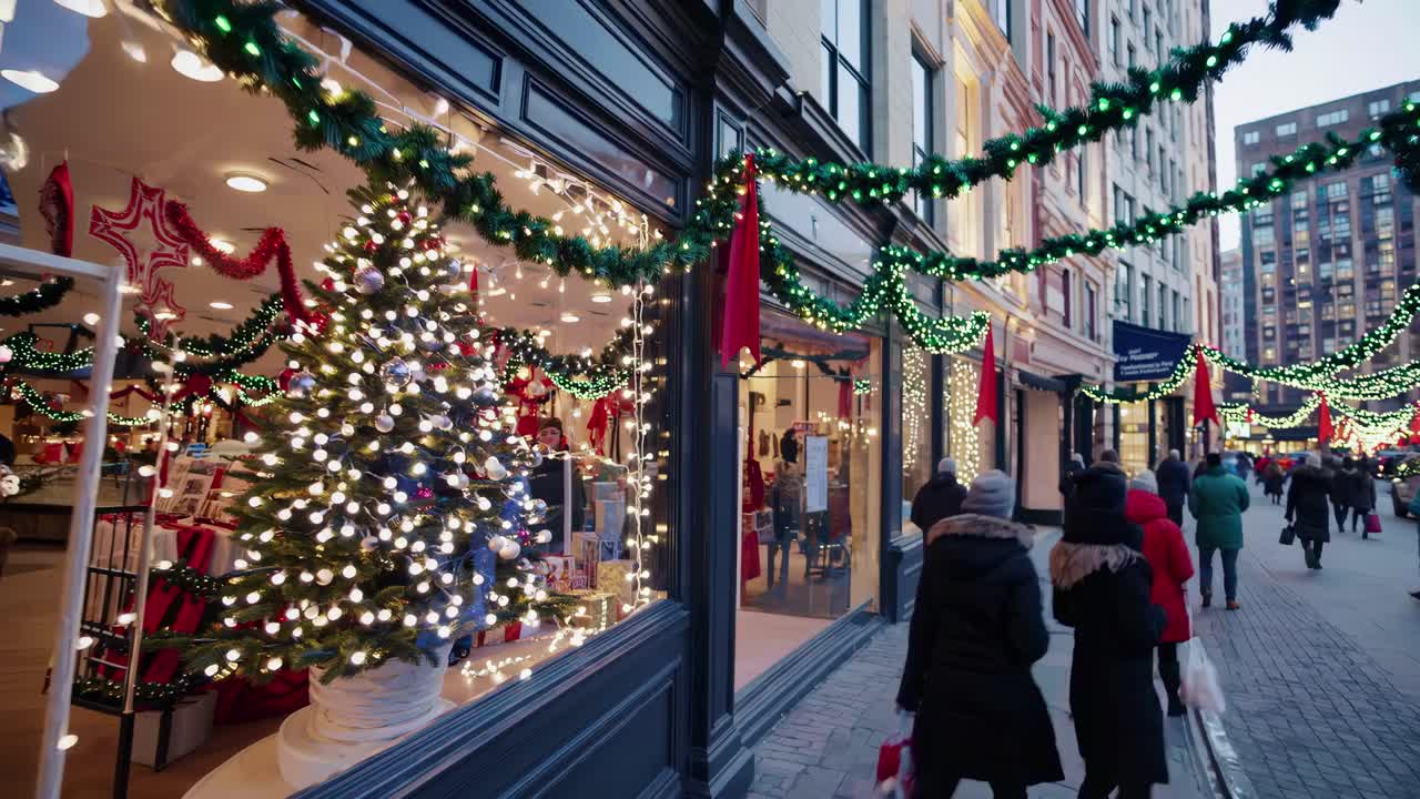 Festive street scene video with a low-angle view of decorated shop windows and Christmas lights
