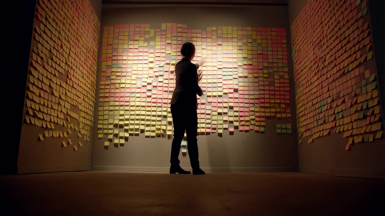 Una silhouette si erge in un angolo interno di fronte a tre pannelli a parete coperti da fitti post-it nei toni del giallo, rosa e pastello, creando una bacheca di pianificazione texturizzata con una calda retroilluminazione e forte