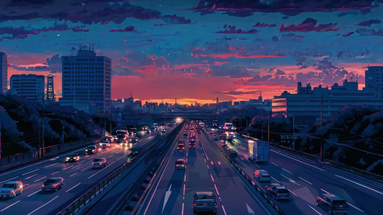 Aerial view of a highway at sunset, with vibrant colors and a cinematic style, resembling a video