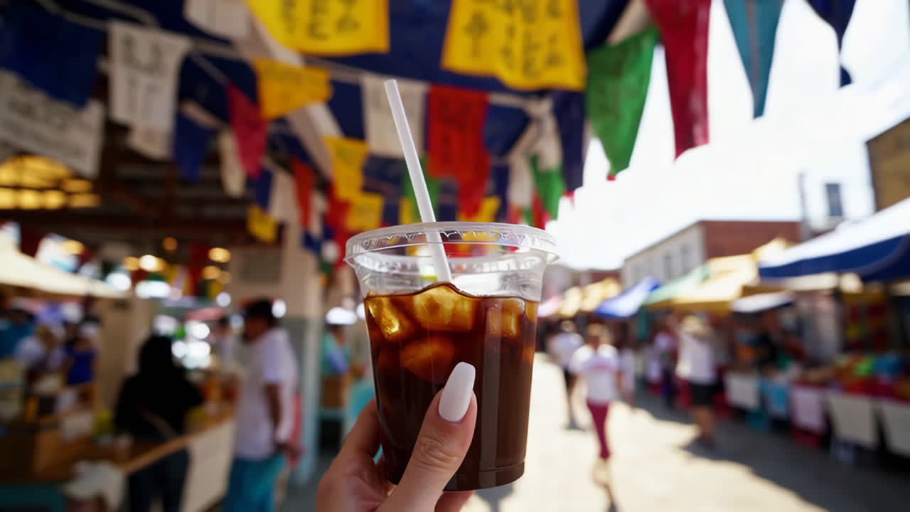 Enjoying an Iced Coffee at a Vibrant Outdoor Market