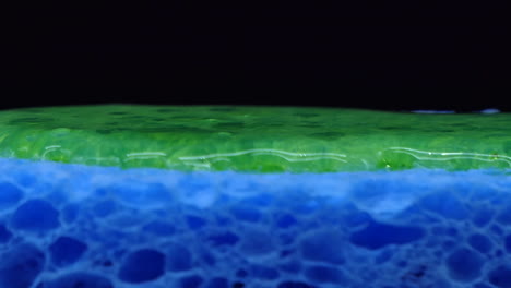 un primer plano extremo del gel líquido de lavado de platos verde que se vierte sobre una esponja azul sobre un fondo negro