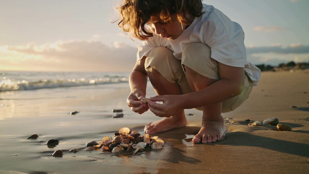 Gathering child in white shirt picking and examining shell pile on sand as tide reveals shells