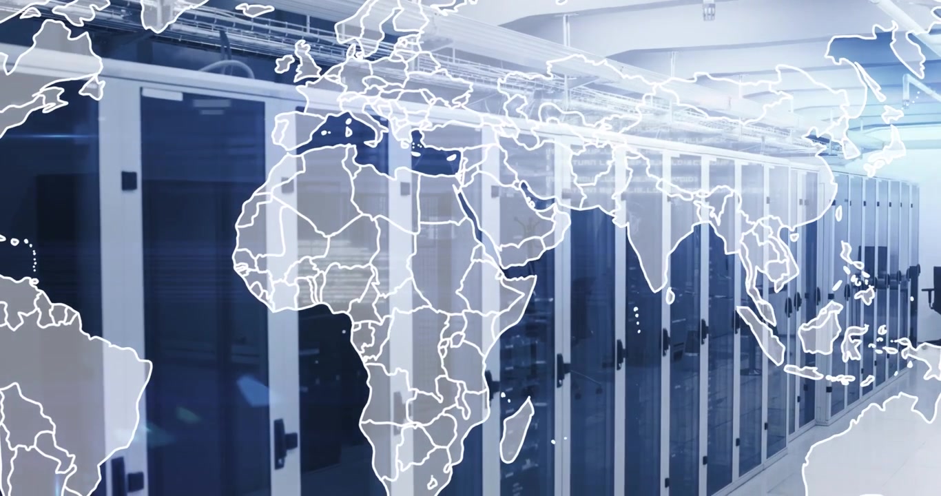 Animation of world map and data processing against computer server room