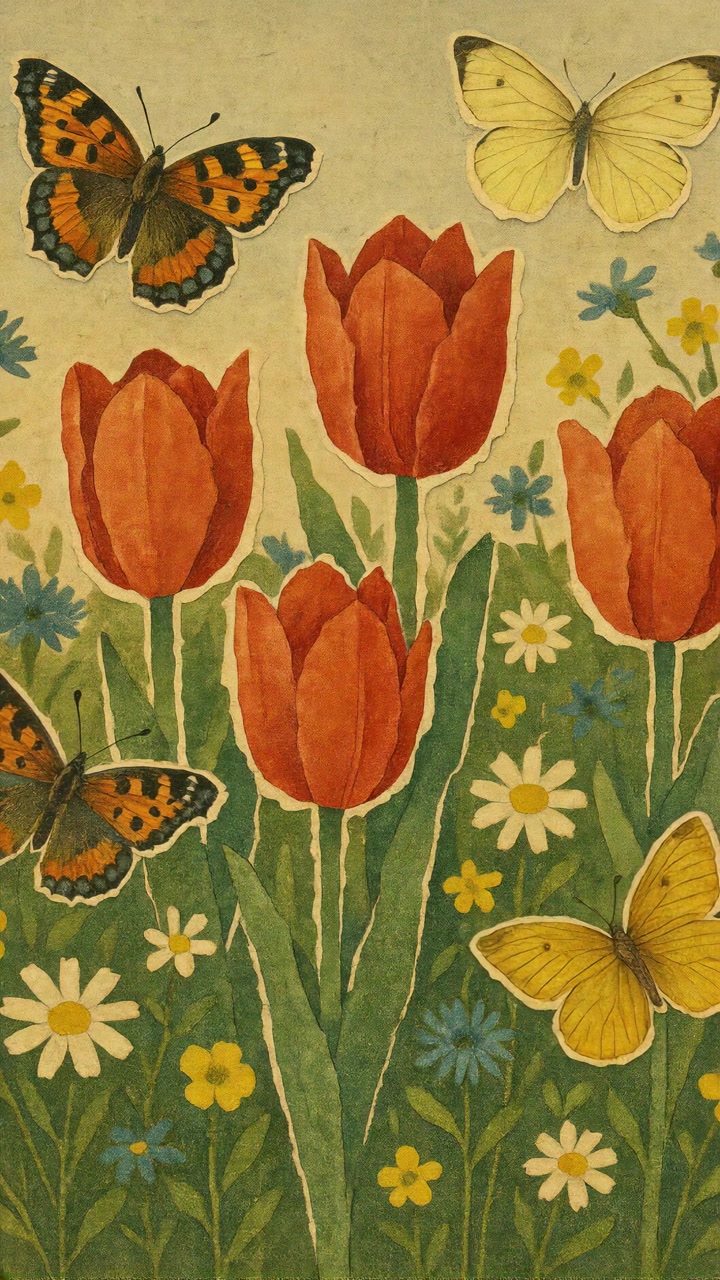 Vintage Botanical Illustration of Red Tulips and Butterflies