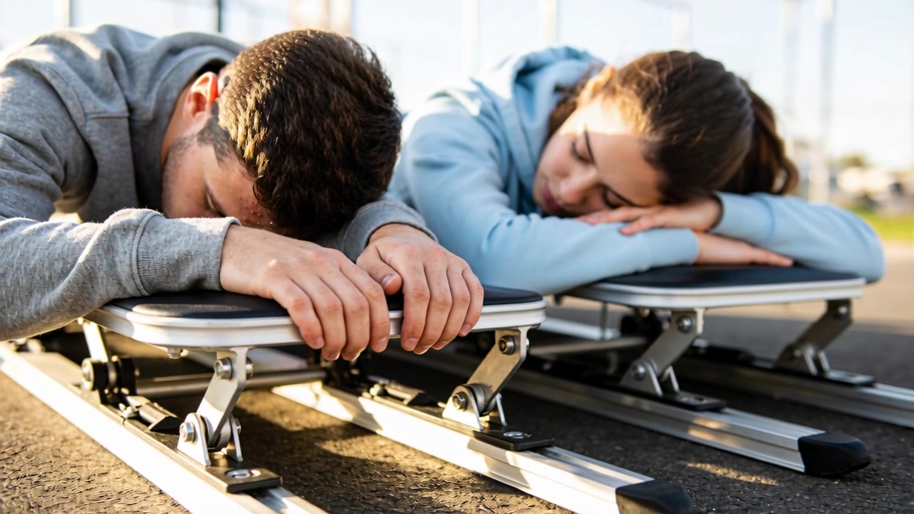 Voorovergebogen tieners in hoodies houden randen vast, rusten na de training op asfalt met metalen relingen.