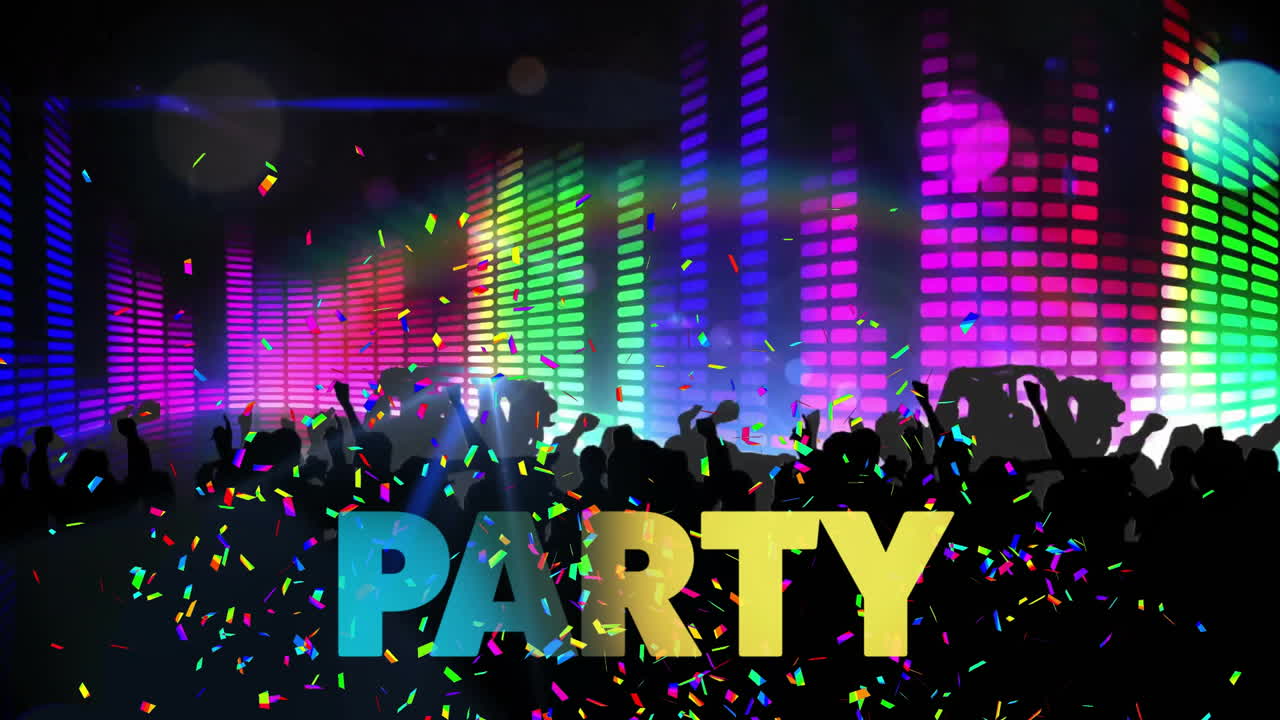 Animation of party text and people dancing at party with lights on black background