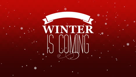 animated closeup winter is coming text and fly white snowflakes on snow red background 2