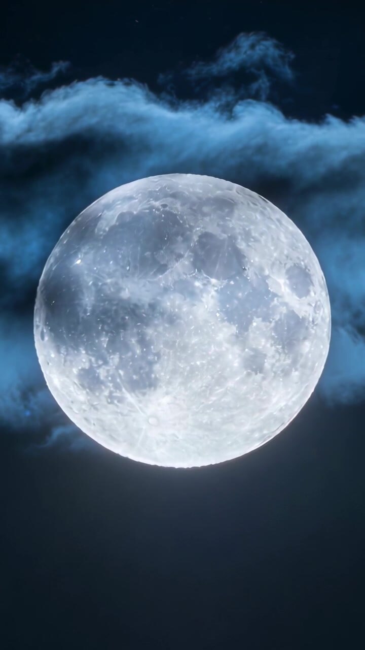 Vertikales Video: Unter leichtem Wind treibende, bläuliche Wolken ziehen über nachtblauen Himmel, den Vollmond sanft umhüllend.