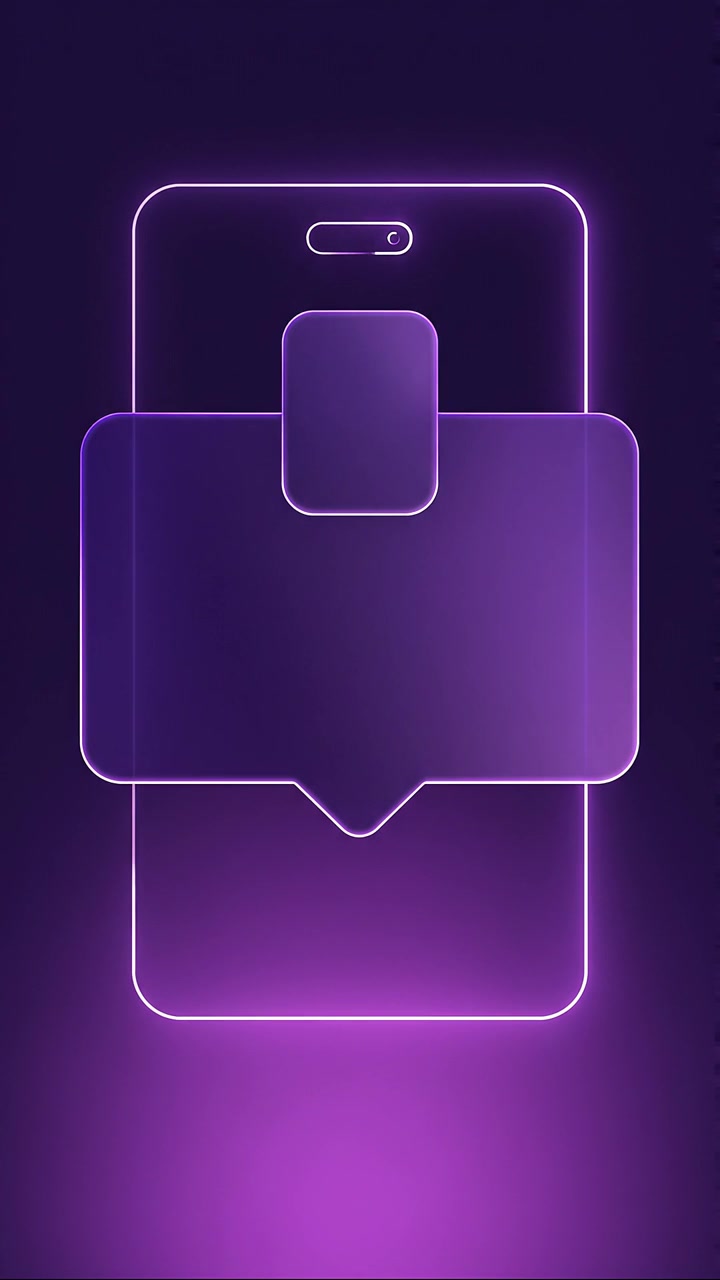 Glowing purple mobile notification bubble story animation with over smartphone interface on futuristic neon background scene