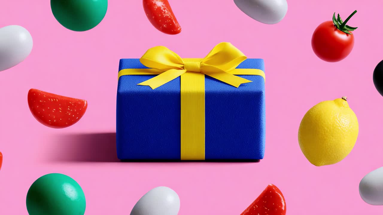 Cofanetto regalo colorato circondato da caramelle vivaci e divertenti su sfondo rosa, con forme originali e colori brillanti per un tocco giocoso e festoso