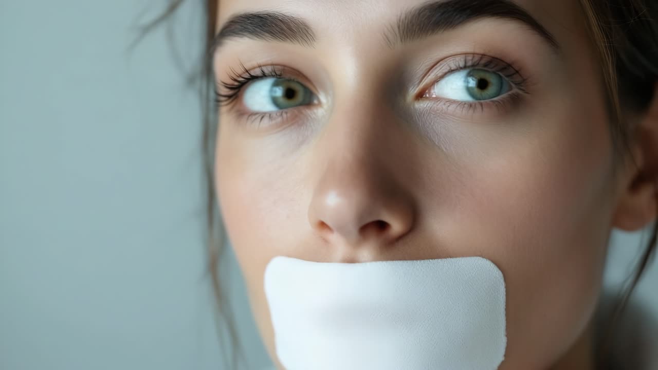 Giovane donna con del nastro adesivo sulla bocca guarda pensierosa, trasmettendo un senso di silenzio e introspezione in un ambiente illuminato delicatamente, mettendo in risalto i suoi occhi espressivi e il suo atteggiamento sereno