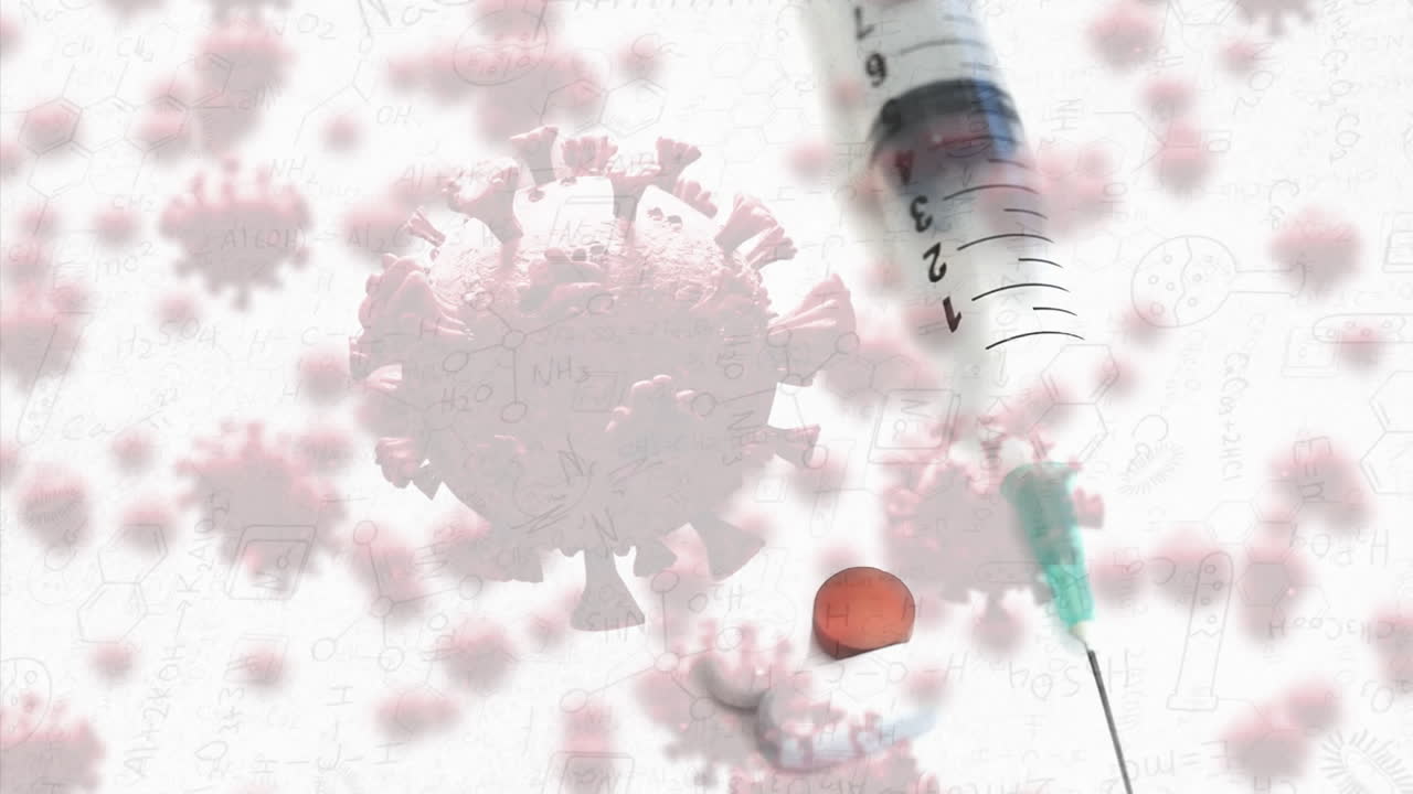 코로나19 테마 디지털 아트: 주사기, 알약, 바이러스 세포