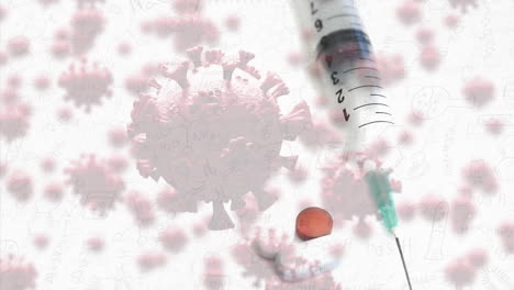 arte digital con temas de covid-19 con jeringas, pastillas y células de virus.