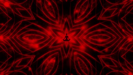 spiritual journey of meditating man in lotus yoga position seated in the center of a beautiful and colorful red crimson scarlet abstract animation