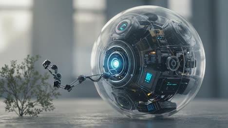 a cutting-edge robotic sphere in a minimalistic environment: exploring nature and technology with innovative designs and futuristic elements