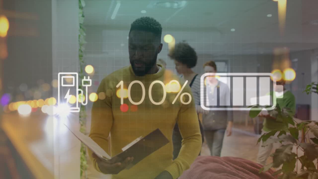 사무실에서 다양한 사업가들에 대한 데이터 처리 및 도시 풍경의 애니메이션