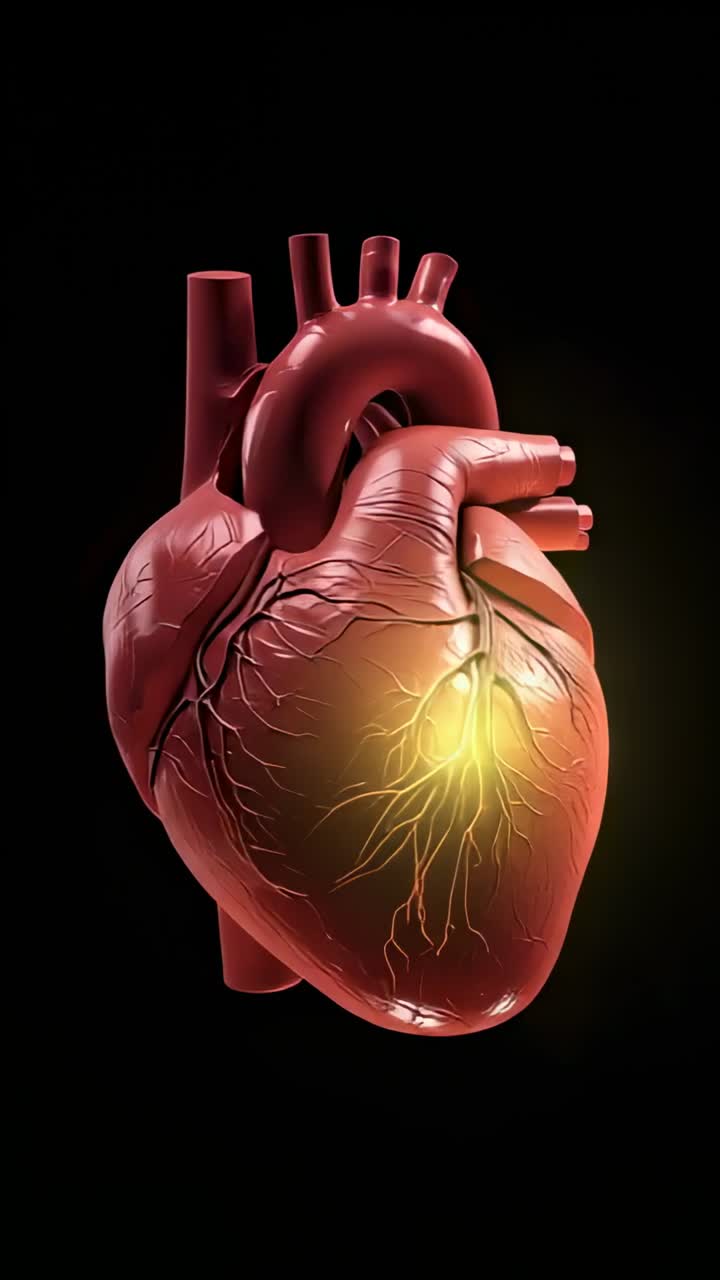 Video verticale: rendering in 3D animato di un cuore che ruota su sfondo nero per evidenziare i vasi coronarici con una luce dorata