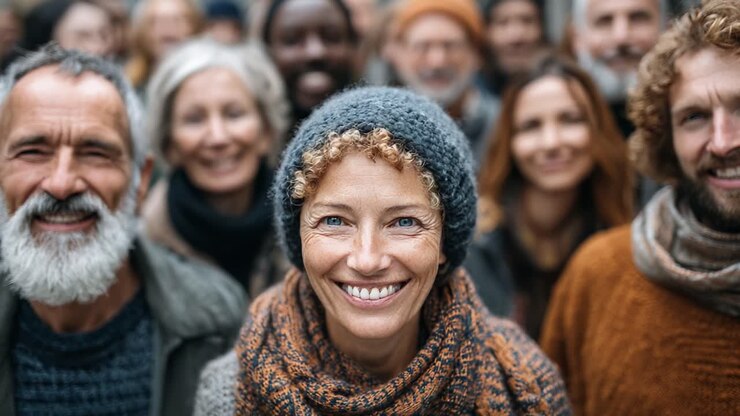 Un gruppo gioioso di persone diverse che sorridono insieme in un'atmosfera calorosa e accogliente, celebrando la connessione e lo spirito di squadra nella loro community