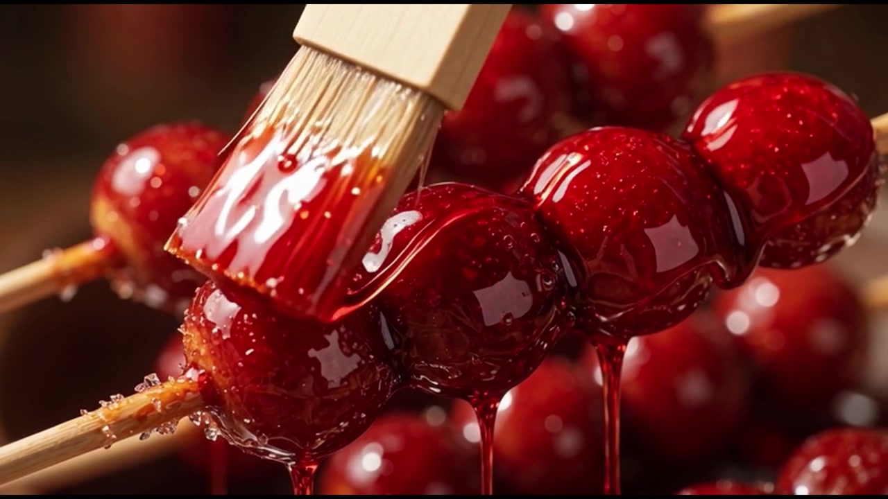 Pennello da pasticceria che glassa spiedini di frutta di biancospino candita