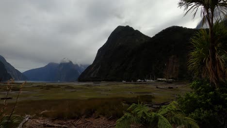 Wide-shot-of-mountains-in-national-park,-nearby-river,-and-cloudy-sky,-MIlford-Sound---Fresh-Water-Basin,-New-Zealand