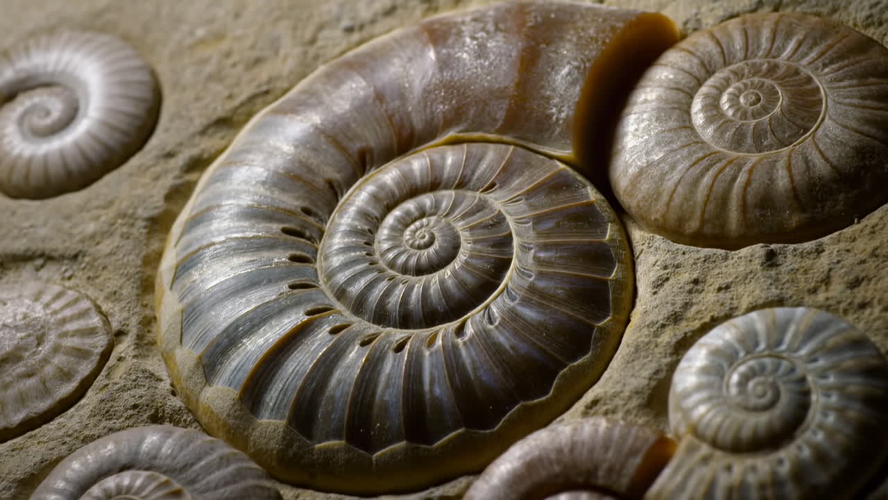 Close-up of Ancient Ammonite Fossils Embedded in Rock