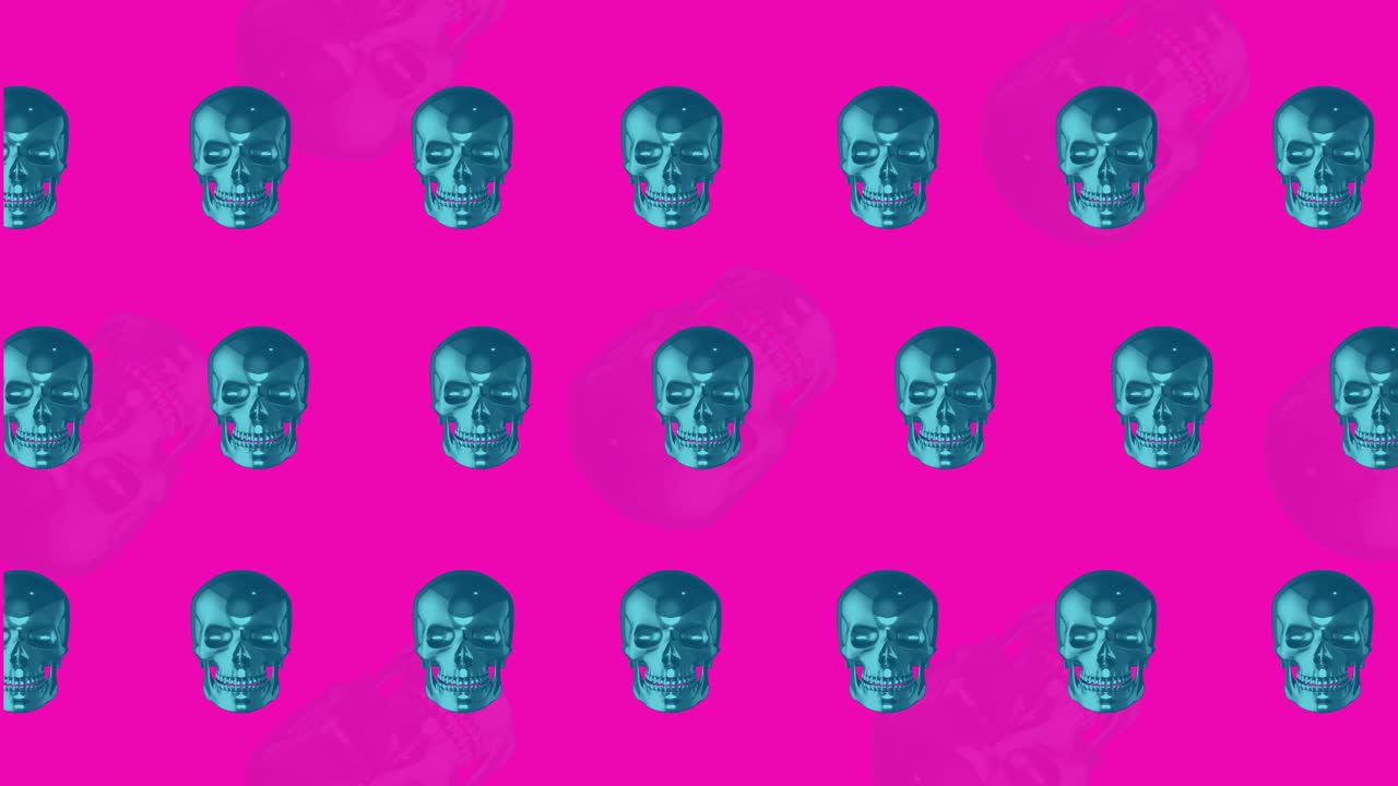 Teschi di vetro blu. Sfondo luminoso e divertente. Motion design
