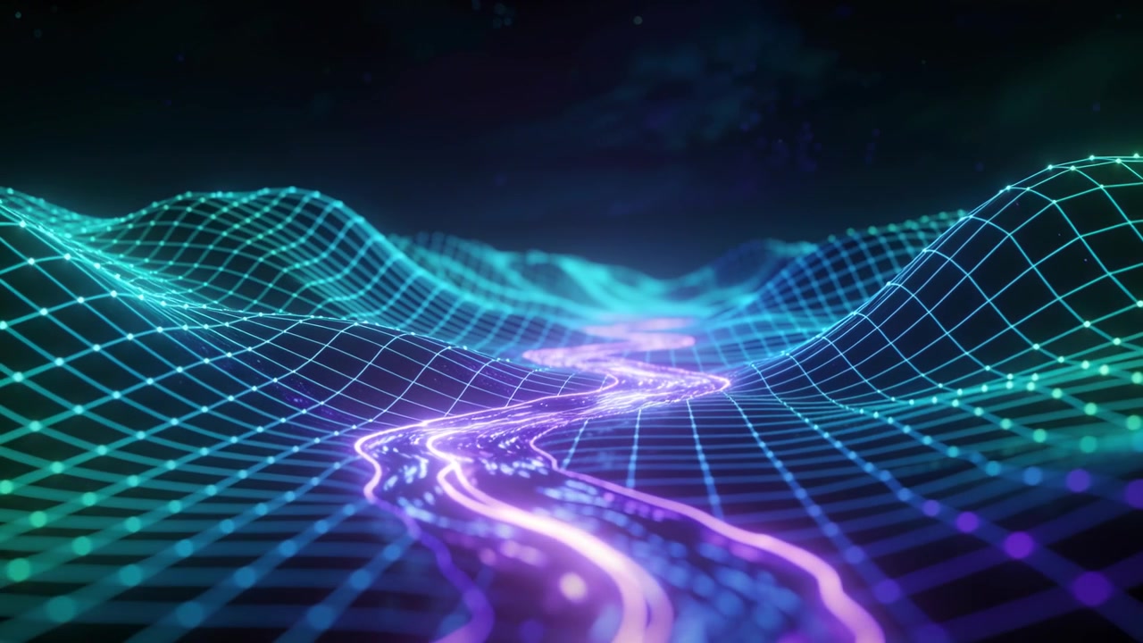 Moving camera revealing neon mesh terrain and glowing ribbon in cyber valley, revealing particles