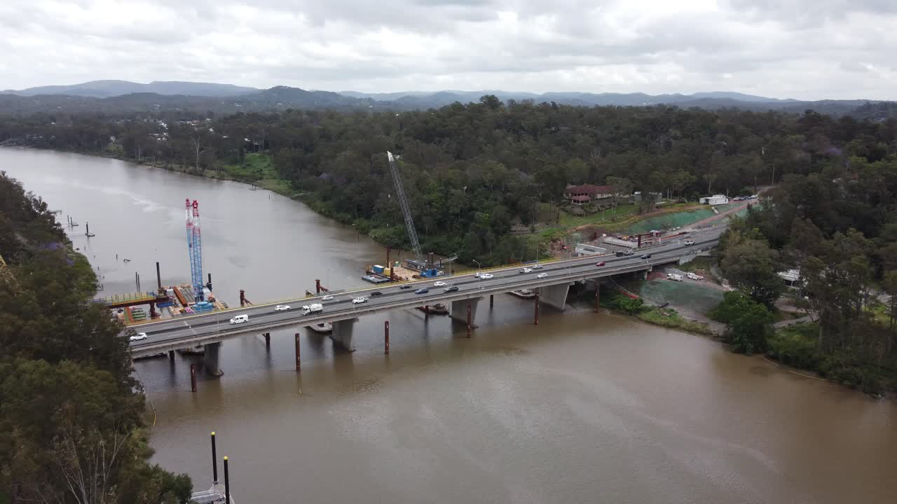 4K drone shot of the new Indooroopilly bridge under construction in Australia