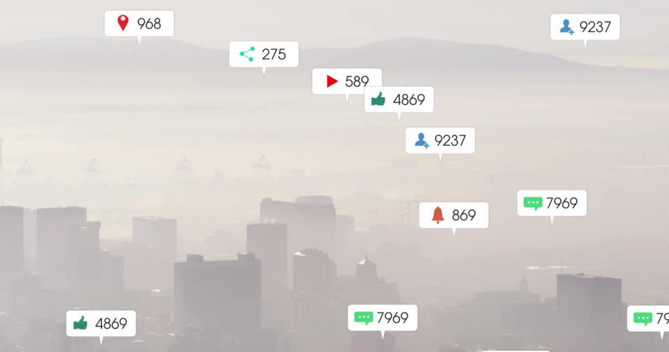 Data feed starting, icon bubbles appearing over foggy skyline, multiplying to show social metrics