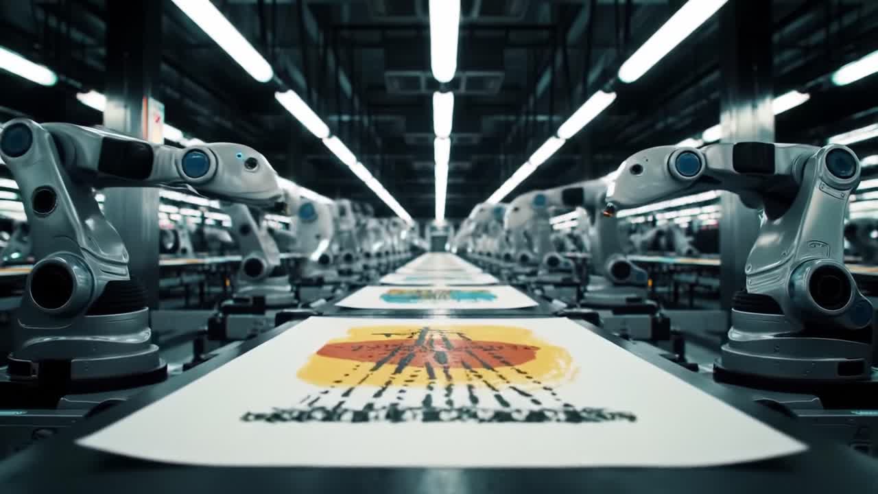 Innovative Robotic Arm Automation in a High-Tech Production Line Showcasing Printed Designs, Highlighting the Future of Manufacturing and Industrial Robotics