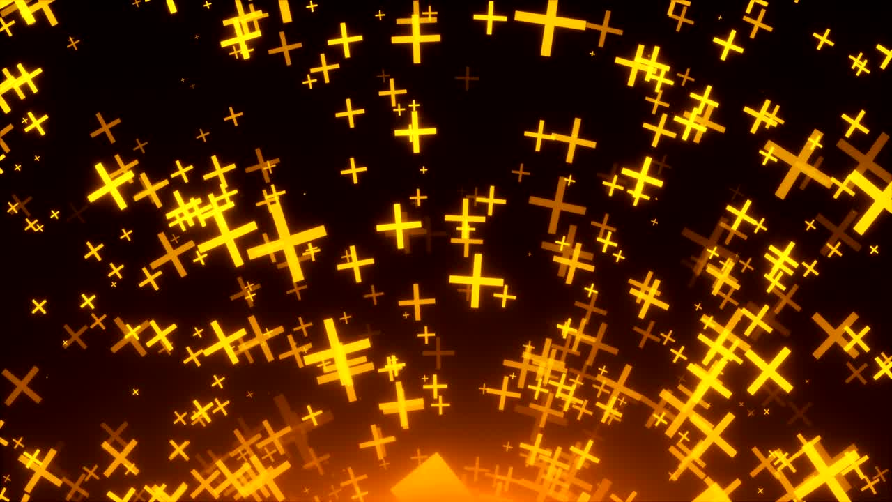 많은 황금 십자가가 우주에 있습니다. 3d 렌더링 배경, 입자의 황금 폭발, 컴퓨터 생성