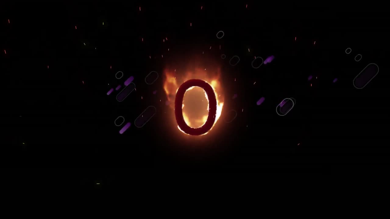 animación del número naranja en llamas 0, con fuegos artificiales púrpura, sobre fondo negro
