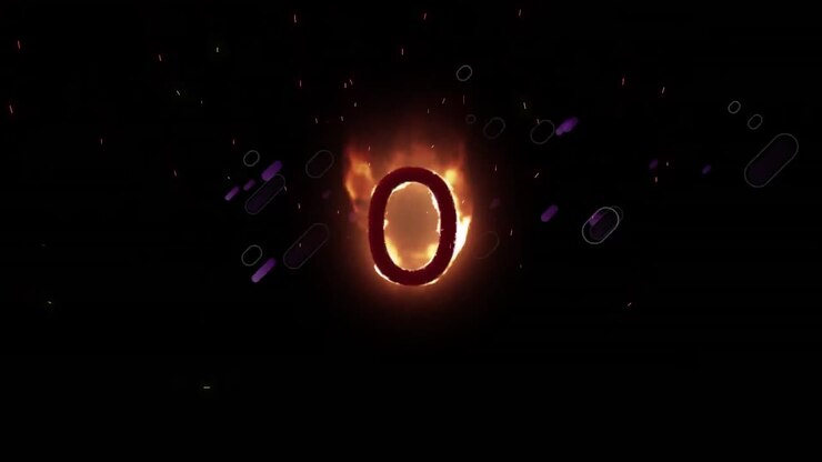 Animazione di numero 0 fiammeggiante arancione, con fuochi d'artificio viola, su sfondo nero.