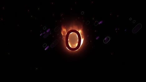 Animation-of-orange-flaming-number-0,-with-purple-fireworks,-on-black-background