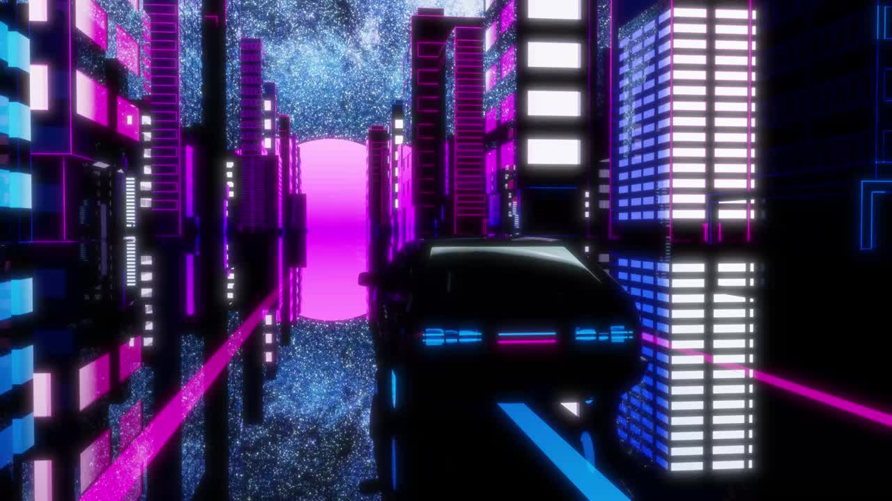 80년대의 레트로 sf 3d 애니메이션, 레트로 웨이브 시엄리스 루프, 네온 시티를 가로질러 운전하는 미래의 자동차.
