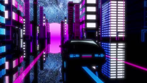 80s retro ciencia ficción animación 3d. onda retro bucle sin costuras. coche futurista conduciendo a través de la ciudad de neón. 4k