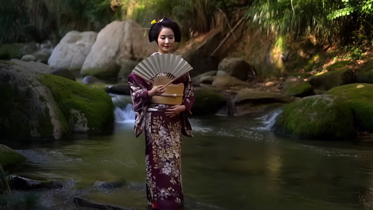 Japanese woman in traditional kimono holding a fan in a tranquil river