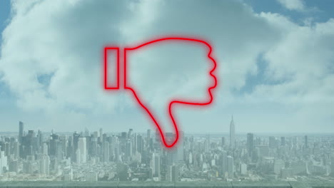 animación de pulgares hacia abajo icono de neón rojo sobre el paisaje urbano.