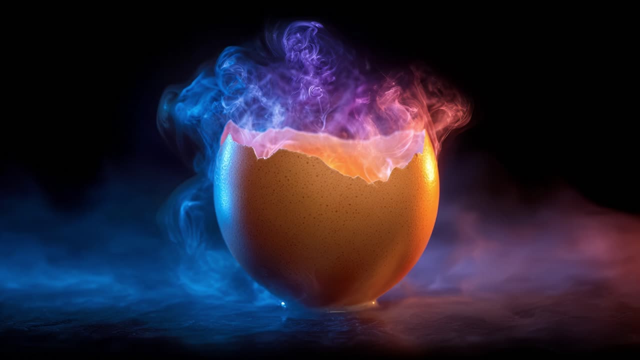 Un'esperienza surreale di fumo colorato che emana da un uovo arancione crepato, creando una scena visiva enigmatica con elementi mistici su uno sfondo scuro.